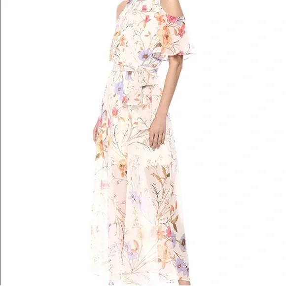 NEW Calvin Klein Cold Shoulder floral chiffon Maxi Dress with Self-sash Waist - Picture 2 of 12